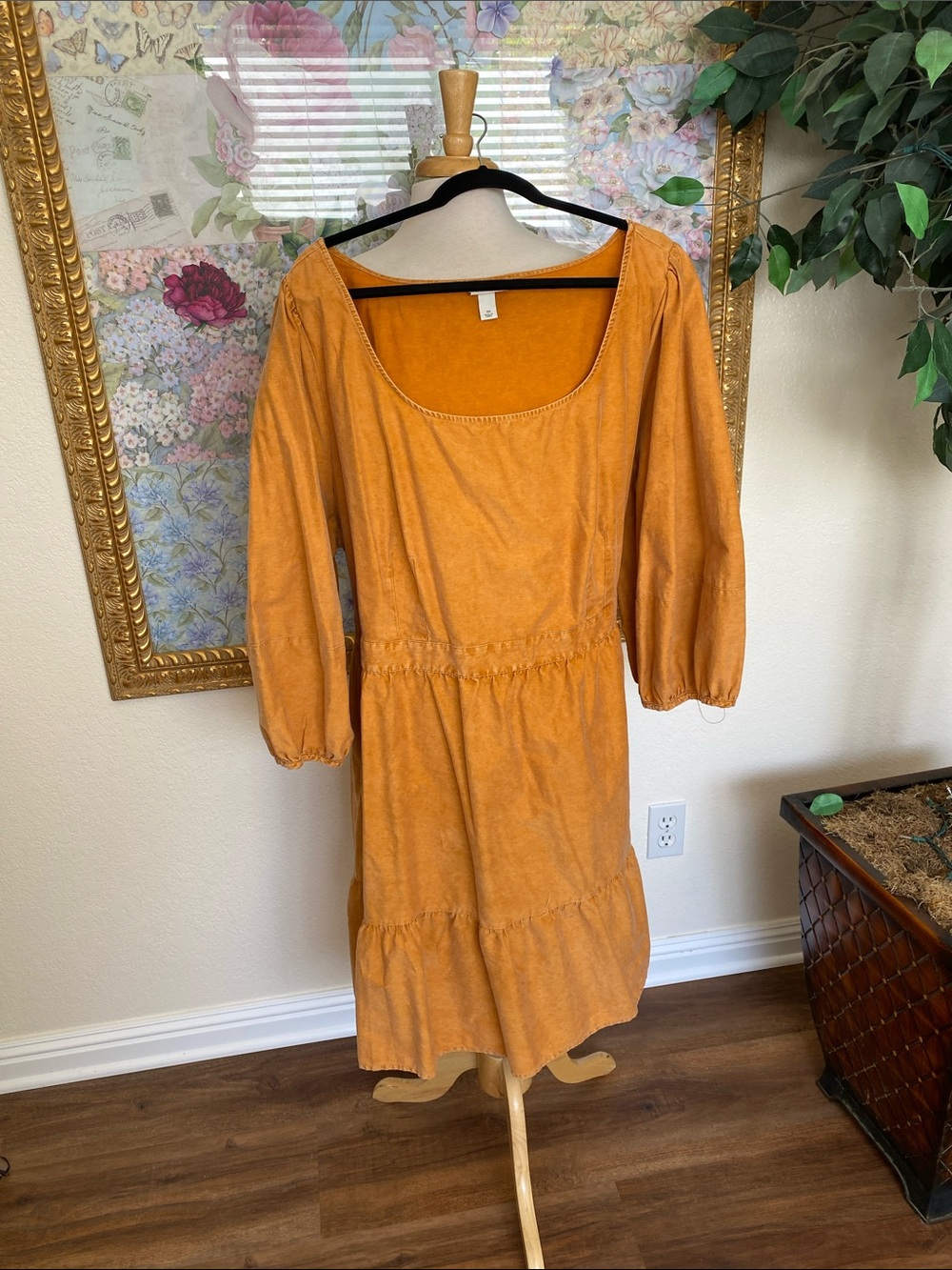 Ava & Viv Mustard Square-Neck Tiered Midi Dress